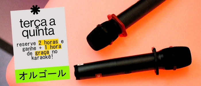 Promoção terça a quinta: reserve 2 horas e ganhe +1 hora de graça no karaokê do Music Box